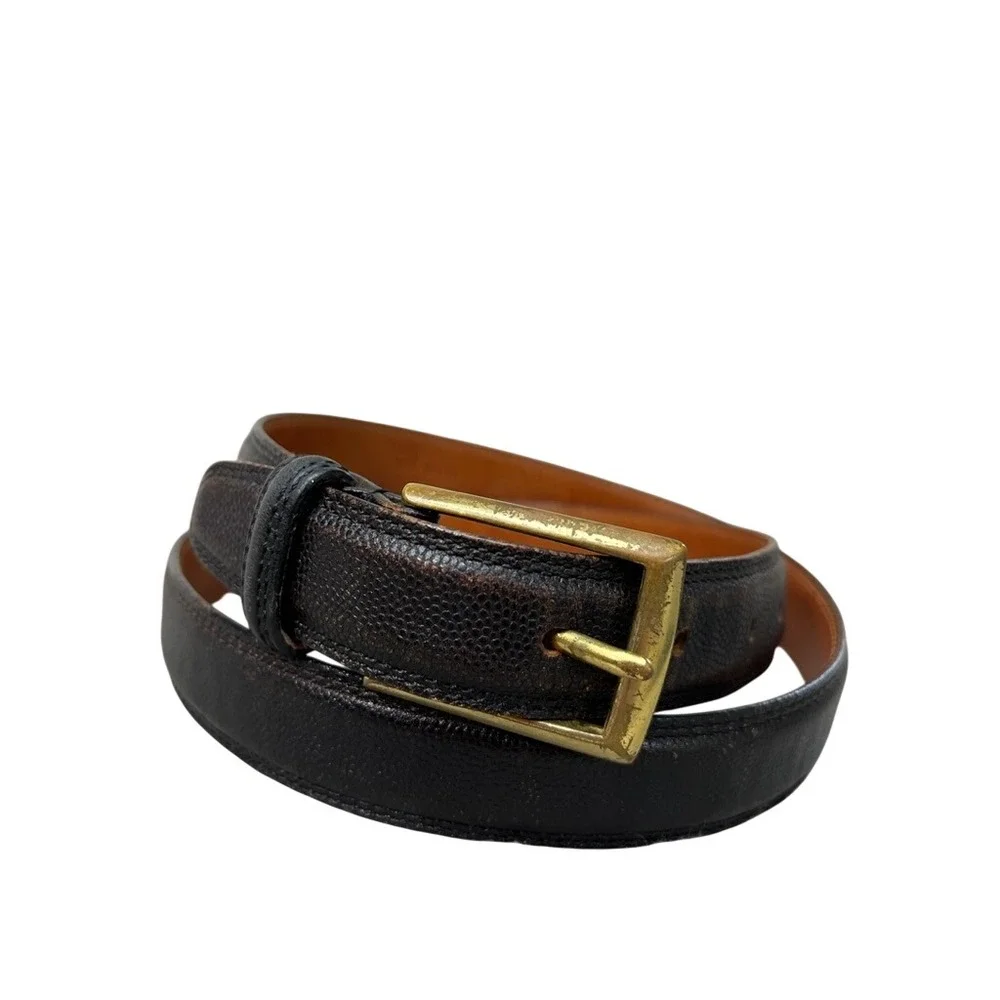 Mens Dark Brown Pebble Grain Calfskin Leather Belt Gold Buckle USA Made 34 11751
